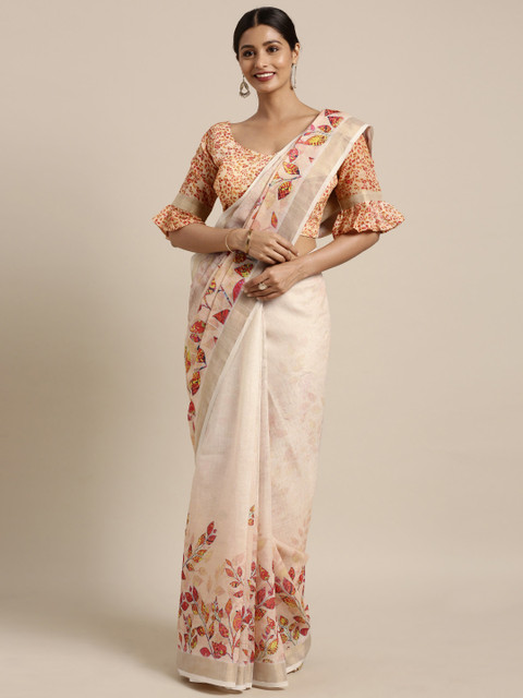 

Kvsfab Beige Printed Linen Blend Saree