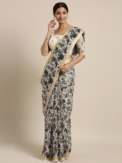 

Kvsfab Off-White & Black Printed Cotton Blend Saree