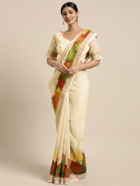 

Kvsfab Cream-Coloured Printed Linen Blend Saree