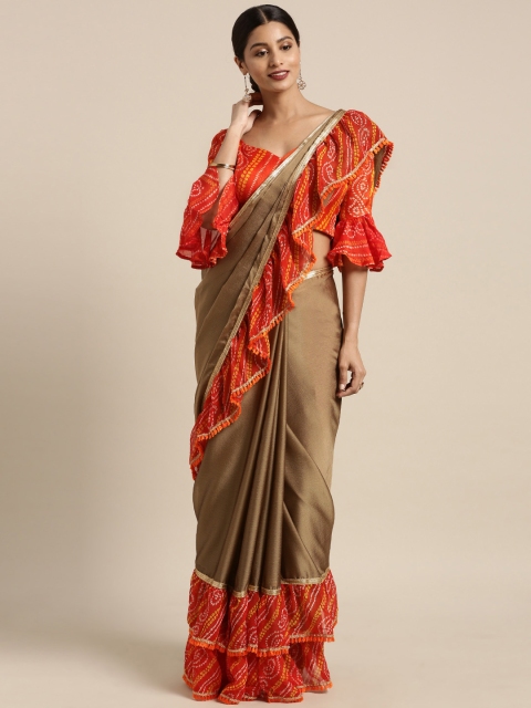 

Kvsfab Brown & Orange Poly Chiffon Solid Bandhani Saree