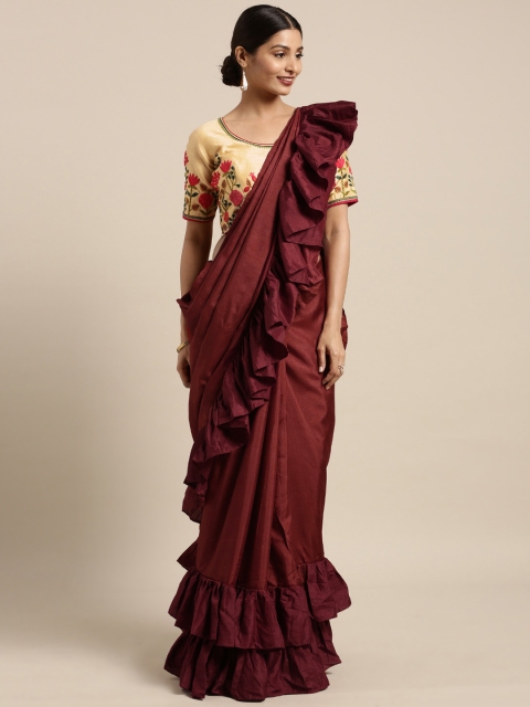 

Kvsfab Maroon & Beige Silk Blend Solid Saree