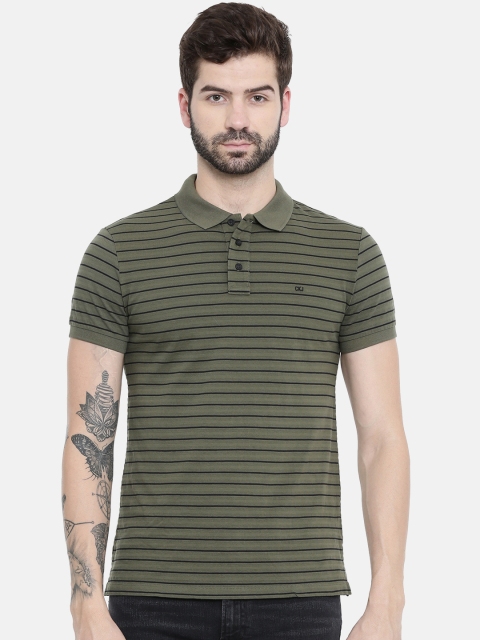 

Calvin Klein Jeans Men Olive Green & Black Striped Slim Fit Polo Collar T-shirt