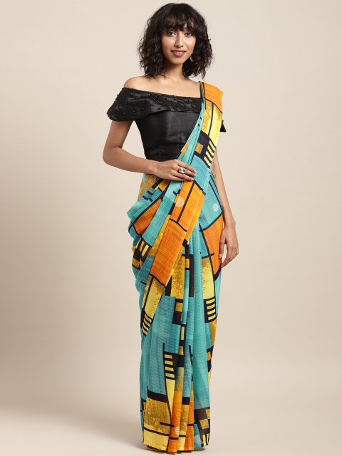 

Satrani Blue & Orange Poly Georgette Printed Saree
