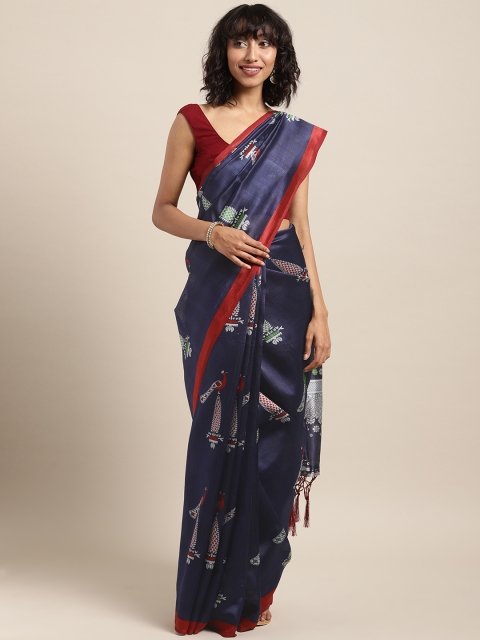 

Satrani Navy Blue & Red Poly Silk Printed Kanjeevaram Style Saree