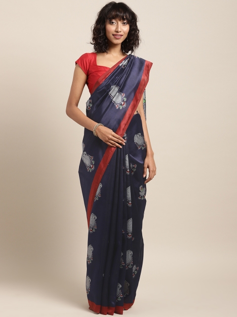 

Satrani Navy Blue Poly Silk Printed Kanjeevaram Saree