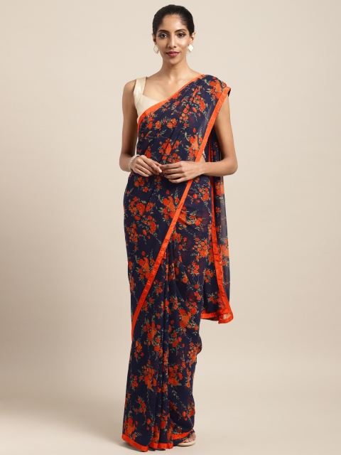 

Satrani Navy Blue & Orange Poly Chiffon Printed Saree