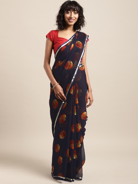 

Satrani Navy Blue Printed Poly Chiffon Saree