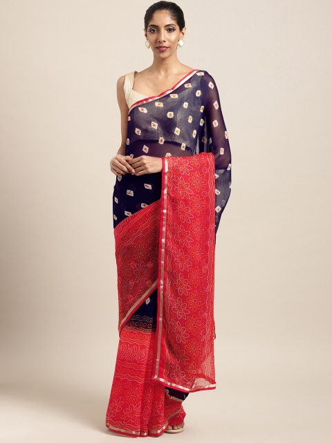 

Satrani Navy Blue & Red Poly Chiffon Printed Bandhani Saree