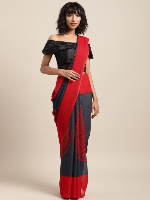 

Satrani Grey & Red Poly Georgette Printed Saree