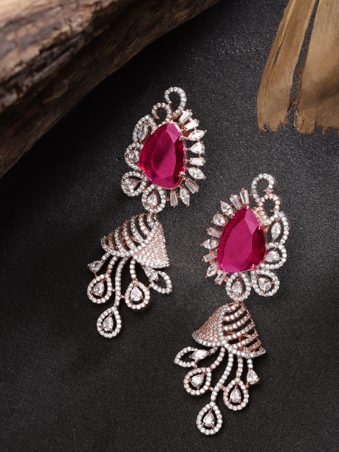 

JEWERA Red Rose Gold-Plated Stone-Studded Contemporary Drop Earrings