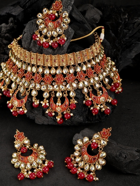 

JEWERA Red Gold-Plated Kundan-Studded & Beaded Enamelled Jewellery Set