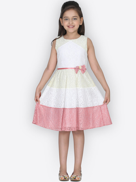 

CUTECUMBER Girls White Colourblocked Fit and Flare Dress