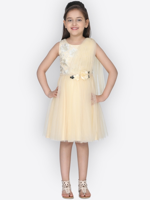 

CUTECUMBER Girls Beige Self Design Fit and Flare Dress