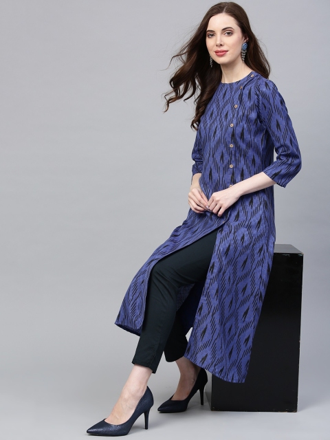 

Jompers Women Navy Blue & Black Printed Handloom A-Line Kurta