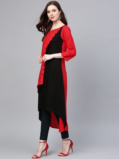 

Jompers Women Red & Black Colourblocked Handloom Layered A-Line Kurta