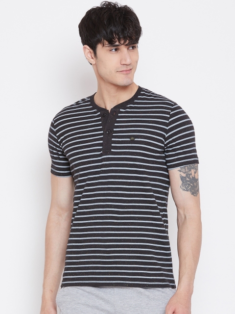 

Sweet Dreams Men Black & Grey Striped Henley Neck Lounge T-shirt MT-186718