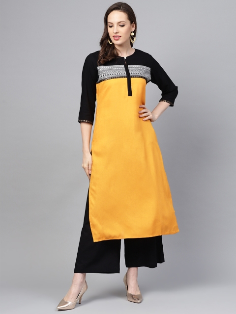 

Shree Women Mustard Yellow & Black Yoke Design Straight Kurta