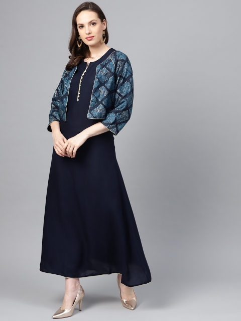 

Shree Women Navy Blue Solid Maxi Dress with Ethnic Jacket