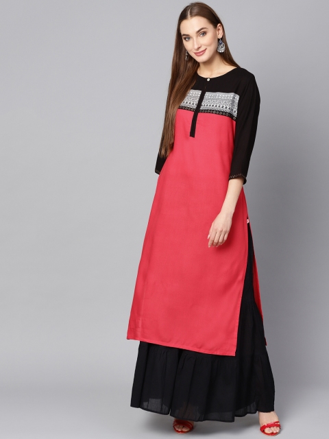 

Shree Women Coral & Black Solid Straight Kurta