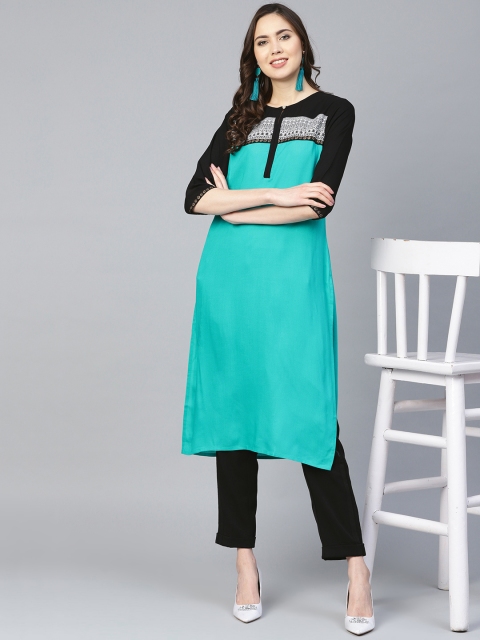

Shree Women Green & Black Yoke Design Straight Kurta