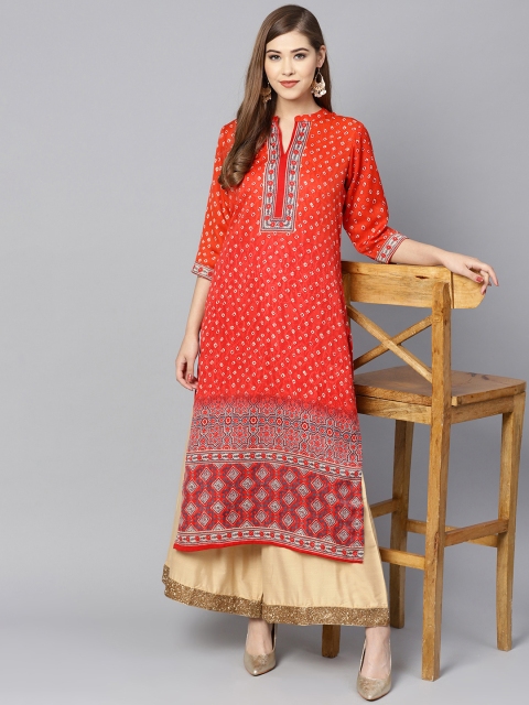 Shree Women Red Printed Straight Kurta, Coral