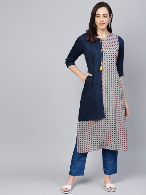

Shree Women Grey & Navy Blue Printed Straight Kurta