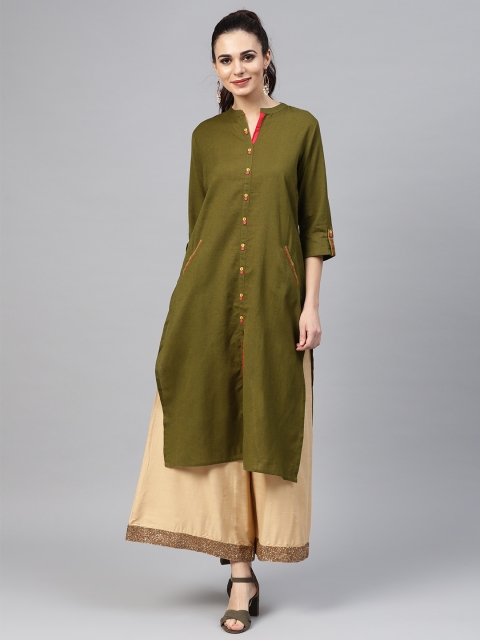 

Shree Women Olive Green Solid Straight Kurta