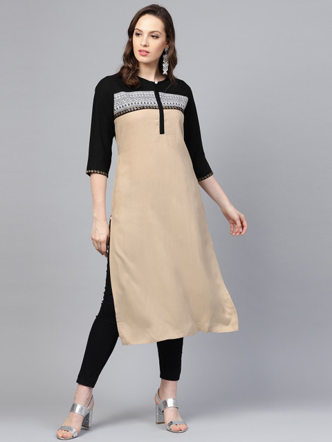 

Shree Women Beige & Black Yoke Design Straight Kurta