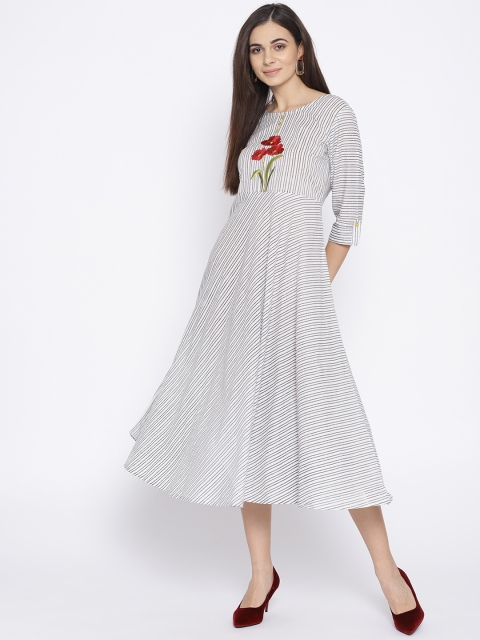 

Sringam Women White & Charcoal Grey Striped A-Line Dress