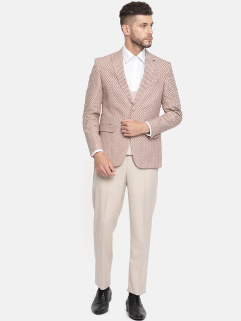 

Louis Philippe Men Peach-Coloured & Beige Printed Linen Single-Breasted Three-Piece Suit