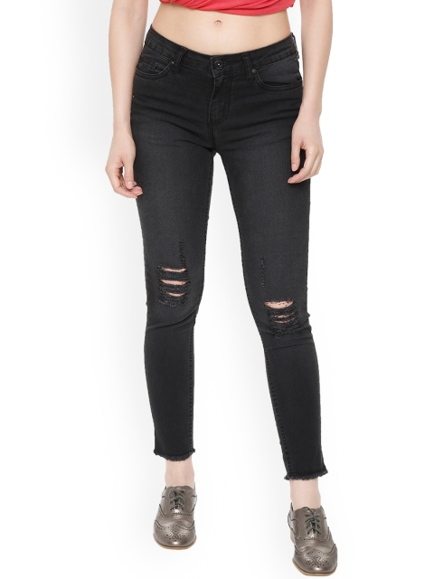 

People Women Black Regular Fit Mid-Rise Low Distress Stretchable Jeans