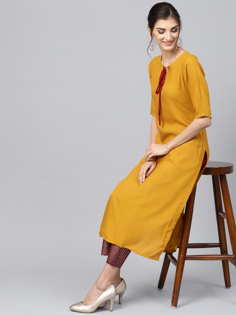 

GERUA Women Mustard Yellow & Maroon Solid Kurta with Trousers