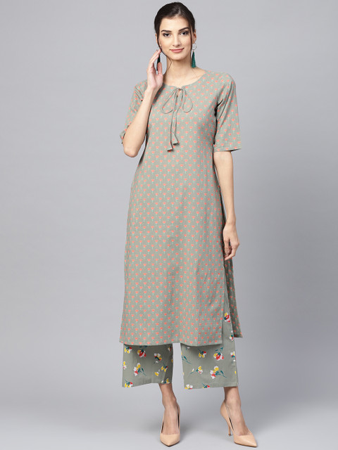 

GERUA Women Green & Peach-Coloured Printed Kurta with Palazzos
