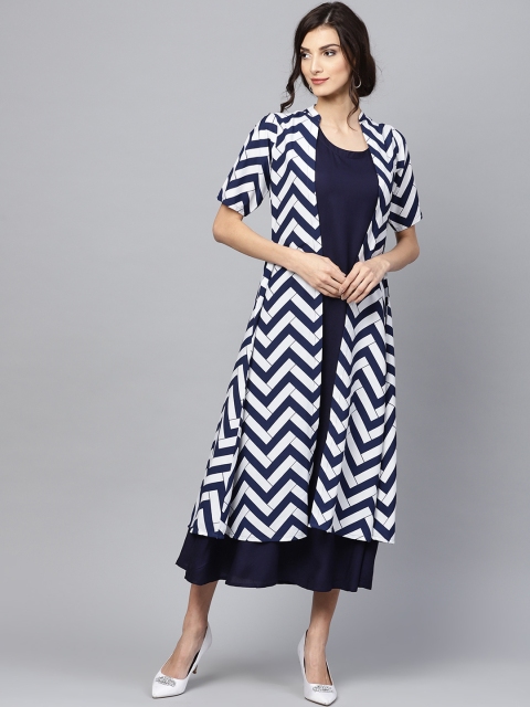 

GERUA Women Navy Blue Solid Maxi Dress with Printed Layer