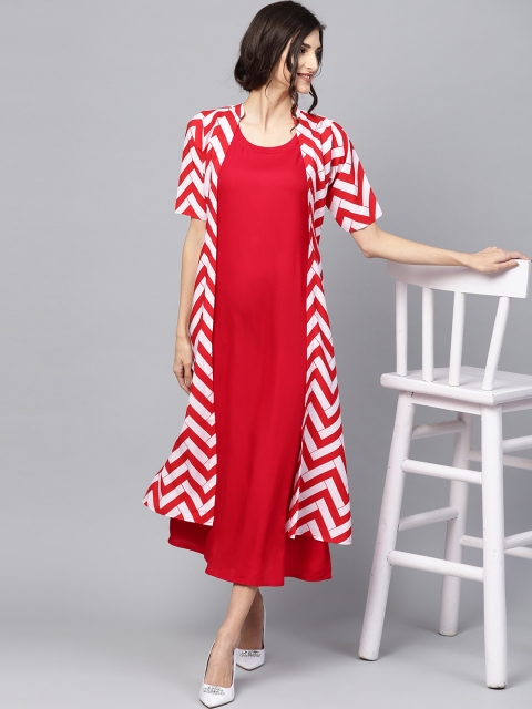 

GERUA Women Red Solid Maxi Dress with Printed Layer