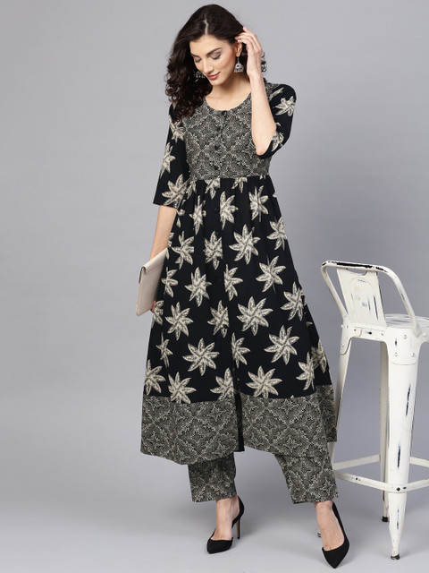 

GERUA Women Black & Beige Printed Kurta with Trousers