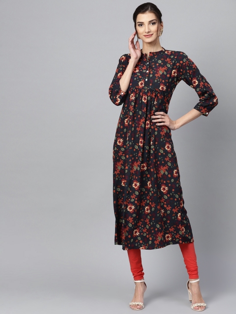 

GERUA Women Navy Blue & Orange Printed A-Line Kurta