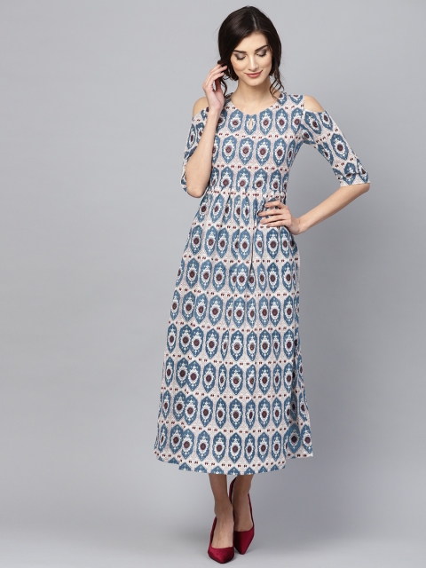 

GERUA Women White & Blue Printed Cold-Shoulder Maxi Dress