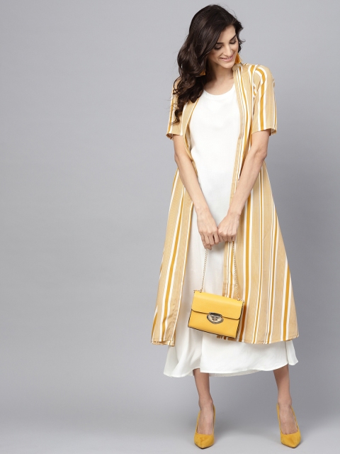 

GERUA Women White & Mustard Yellow Solid Maxi Dress with Striped Layer