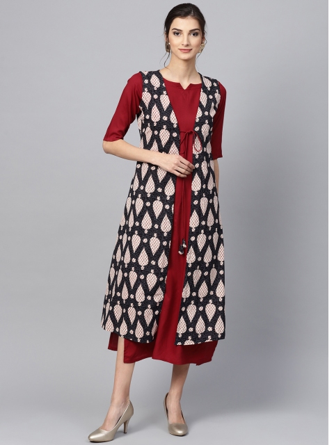 

GERUA Women Maroon Solid Maxi Dress with Printed Layer