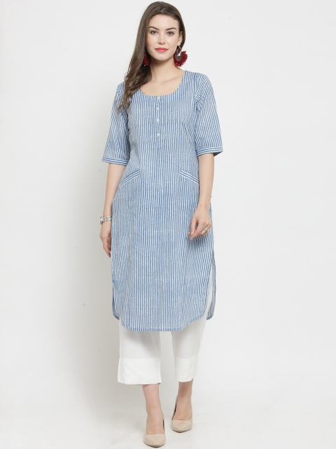 

Varanga Women Blue & White Striped Kurta with Trousers