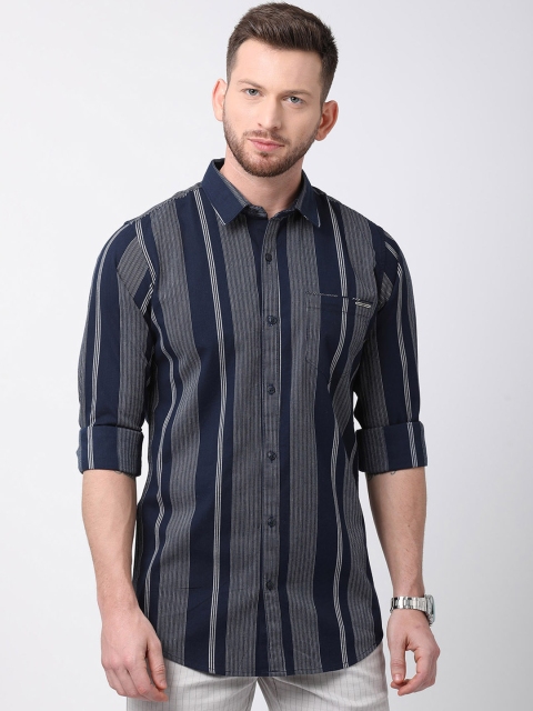 

NO NEXT Men Navy Blue Custom Tailored Fit Striped Casual Shirt