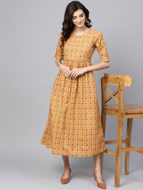 

GERUA Women Mustard Brown Checked Midi A-Line Dress