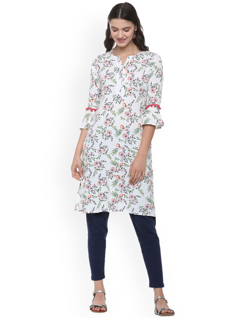 

People Women White Printed Straight Kurta