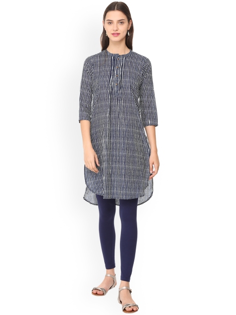 

People Women Blue Striped Straight Kurta