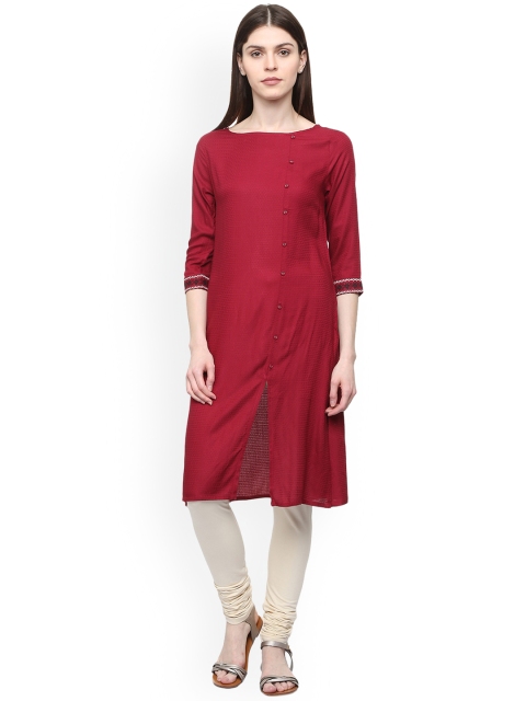 

People Women Maroon Self Design Straight Kurta