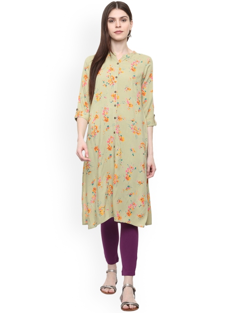 

People Women Olive Green Printed Straight Kurta