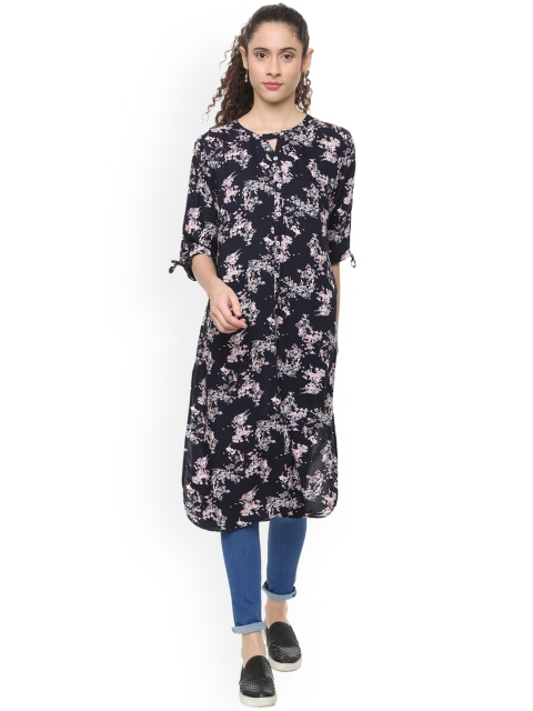 

People Women Navy Blue Printed Straight Kurta