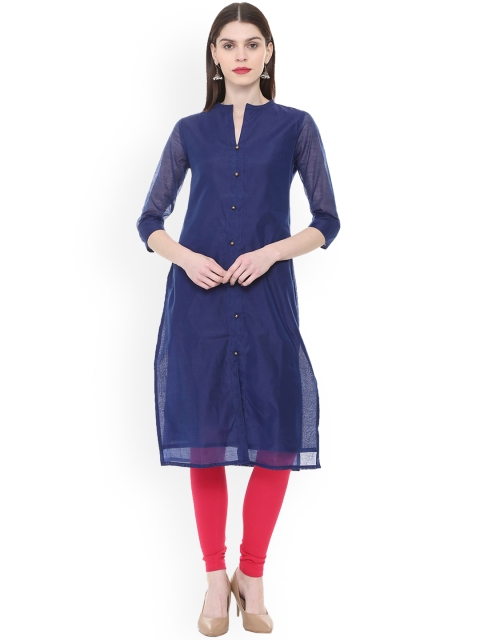 

People Women Navy Blue Solid Straight Kurta