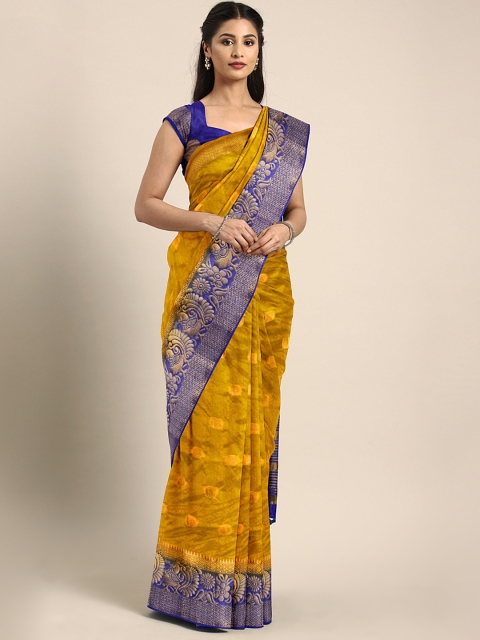 

Rajnandini Yellow & Blue Silk Blend Woven Design Kanjeevaram Saree